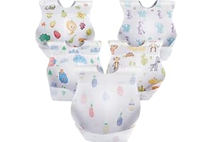 Annhao 50 pezzi Bavaglini usa e getta bambini, Bavaglini Monouso Impermeabili Bambini Svezzamento Tessuto Non Tessuto Regolabili Tasca Raccogli Pappa per Casa Viaggio (5 stili)