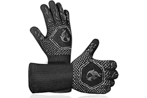 HAMITOR BBQ Gloves Extreme Heat Resistant：1472℉ Silicone Heat Proof Oven gloves for Baking Grilling Barbecue Cooking - Kitchen Grill Non-Slip Mitts with Fingers for Men Women/Black