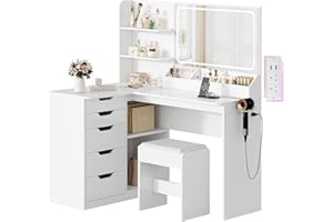 TRIUMPHKEY Dressing Table with Stool,Vanity Desk with 5 Drawers,Power Outlet,Corner Makeup Table with 3 Colors LED Mirror,Open Shelves,Bedroom Furniture for Women Girls