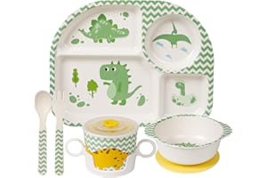 Greentainer Kids Cartoon Dinnerware Set - Children Dishes Food Plate Bowl Cup Spoon Fork Set Dishware Kids Tableware, Dishwasher Safe Healthy Mealtime, BPA Free,7Pcs/Set-New Dinosaur