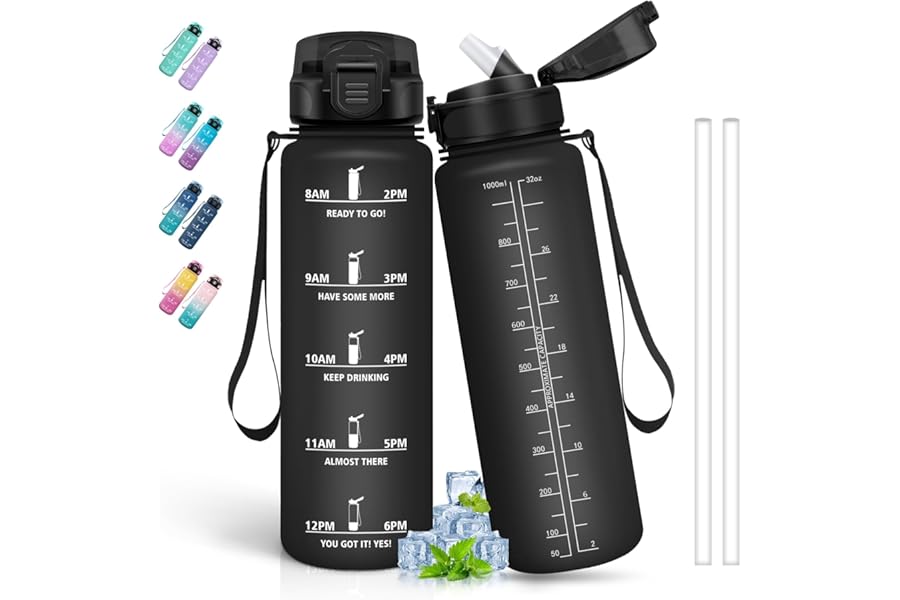 1L Water Bottle with Straw and Time Marker Leak Proof Running Camping Hiking Sports Bottle