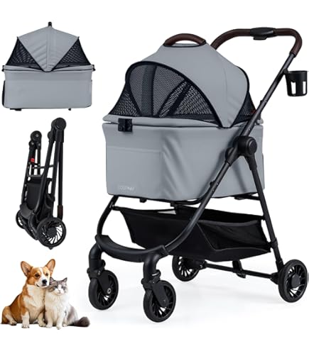 COSTWAY Hondenwagen, huisdieren, buggy, tot 15 kg, hondenbuggy met netramen, bekerhouder, mand en zonwering, opvouwbare kattenwagen, kattenbuggy voor kleine honden en katten, grijs