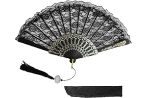 Hugwait Handfächer Schwarz für Damen Eleganter, Faltbarer Spitzenfächer mit Geschenktüte aus Spitze, Perfekt für Party, Passende Kostüme, Tanz, Bühnenstücke, Vintage Spanischer Stil, 23 * 43cm