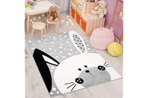 ‎CARPET CITY carpet city Kinderteppich Bubble Kids Flachflor Schlappohr-Hase, weiß gepunktet in Rosa, Grau, Grün für Kinderzimmer (80 x 150 cm, Grau)