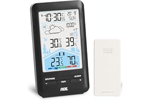 ADE Wetterstation Funk mit Außensensor und Funkwecker | mit Lüftungsempfehlung | Hygrometer, Thermometer | 2 Weckzeiten | animierte Wettervorhersage | Schlummerfunktion | LCD-Farbdisplay