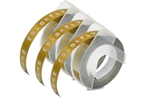 HOME COLORTLY Lot de 3 rouleaux de ruban de gaufrage pour étiqueteuse DYMO en vinyle 3D - 9 mm x 3 m - Impression blanche sur papier doré - Pour étiqueteuse DYMO Omega Junior