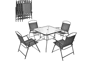 KOMFOTTEU Juego de Bistro de 5 Piezas, Conjunto de Jardín con Mesa de Cristal Templado y 4 Sillas Plegables de Tela, con Orificio para Sombrilla, Juego de Comedor para Terraza, Piscina