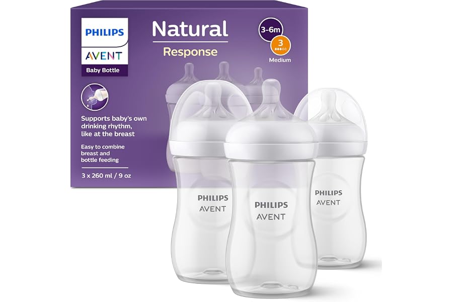 Philips Avent Natural Response Babyflasche mit 260 ml mit Saugern für mittleren Nahrungsfluss (Durchflussrate 3), 3er-Pack, SCY903/03
