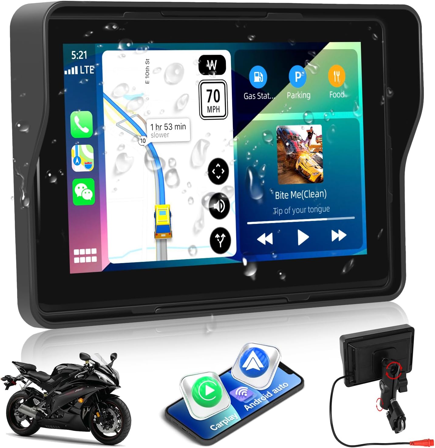 CAMECHO Carplay Moto Navi Display para Motorbike, 5 Pulgadas HD Pantalla Táctil Impermeable Motocicleta Dispositivos de Navegación con Wireless Carplay Android Auto Bluetooth GPS FM EQ Sonido