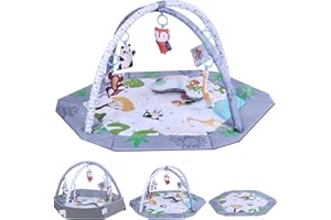 Zaxiva Gimnasio Bebe, Alfombra Juegos Bebe 0-6-9-12 Meses, Con Cojín para Tiempo Boca Abajo, 5 Juguetes Sensoriales Desmontables, Lavable y Suave Manta o Tapete Actividades Bebe para Recién Nacidos
