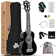 Winzz Soprano Ukulele Starter Kit For Beginners with Bag, Clip-On Tuner, Extra Strings, Strap, Plectrum, Fret Stickers, Chords Card, Polishing Cloth, Black