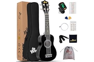Winzz Ukelele Soprano Starter Kit para Principiante. Incluye: Funda, Afinador, Cuerdas Extra, Correa Ajustable, Púas, Pegatinas de notas, Guía de Acordes y Paño de pulido. Color: Negro