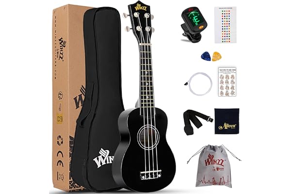 Winzz Ukelele Soprano Starter Kit para Principiante. Incluye: Funda, Afinador, Cuerdas Extra, Correa Ajustable, Púas, Pegatinas de notas, Guía de Acordes y Paño de pulido. Color: Negro