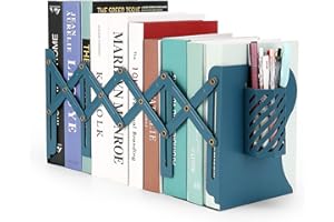 HMSENG Book Ends, Adjustable Metal Bookends Book Holders for Shelves, Desk Magazine File Organizer Holder for Office, Books, Papers, Extends up to 19 inches.Scratch-Resistant Hand Coating-Blue