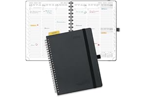 POPRUN Agenda 2026 Semana Vista Espiral Medio 22 x 16,5 cm, Tapa Blanda en 12 Meses de Ene 2026 a Dic 2026, Regla Posicionable, 100 GSM Papel, negro