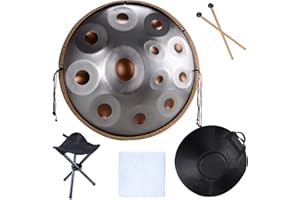 WYZCHDM Handpan Drum Instrument In D Minor 22 Inches Steel Hand Pan Drums, 432 hz Steel Drum Hand Pan, With Handpan Bag, Drum Tripod, For Professional Audio Production 12Tones silver