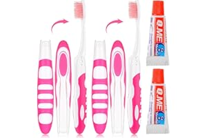 Nuenen 2 Cepillos de Dientes de Viaje Mini Cepillos Manuales de Dientes Portátiles con Cerdas Suaves Cepillos Dentales Plegables con Pasta de Dientes para Camping Adultos Higiene (Rosa, Plegable)