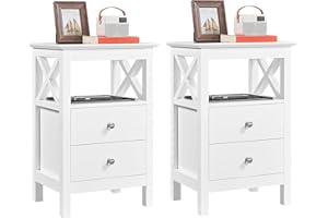 Yaheetech Bedside Table Set of 2, Wood Nightstand with 2 Easy-Clean Storage Drawers and Open Shelf, Sturdy X-Design for Bedroom Living Room, 30x40x60cm, White