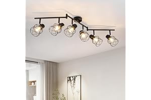 FORCOSO Ceiling Lights Spotlight - 6 Way Spot Lights 350°Adjustable, E14 Base Black Light Shade Metal Wire Cage Light Fittings, Industrial Wall Ceiling Lamp for Kitchen Living Room Hallway Bathroom