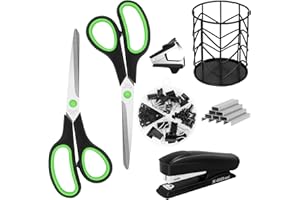Vutyvve Office Supplies Kit, Desk Accessories Set, Products Include Scissors, Stapler, Staples, Staple Remover，Pen Holder, Paper Clips, Push Pins, Binder Clips