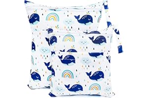 CHEESANHERR Bolsa de Pañales Impermeable，2 Pcs Wetbags de Tela con 2 Cremallera Portátil, Bolsa Muda Bebe, Organizador Reutilizable Lavable Guardería Colegio Viaje Playa Piscina Gym (Ballena Blanca)