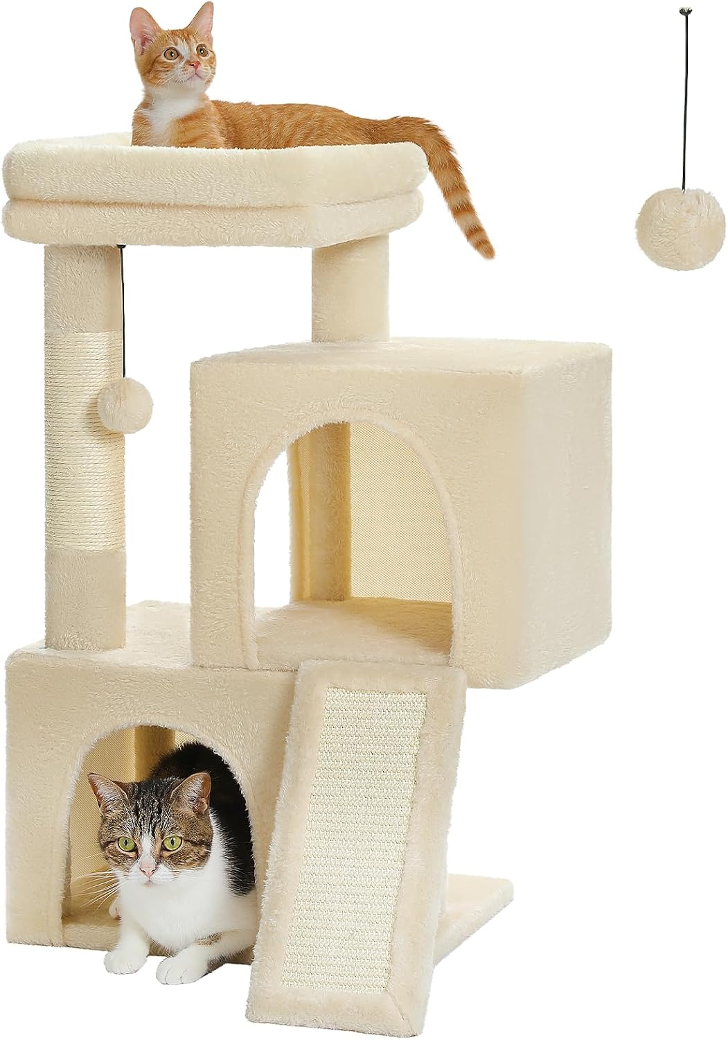 PETEPELA Cat Tree 77cm with Dual Condos for Indoor Cats, Small Cat Tower with Removable Perch and Scratching Posts Pad, Beige