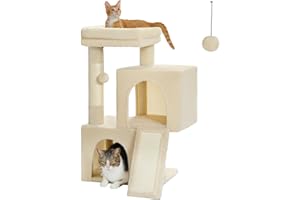 PETEPELA Rascador con doble condo para gatos de casa, casa todo en uno con barra acolchada, rampa y postes y bolas intercambiables, color beige