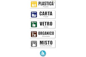 READYPRINT Adesivi per Raccolta Differenziata, Mis. 20x6 cm, in vinile morbido, Etichette grandi per riciclo rifiuti, in Italiano e inglese, con illustrazioni, 5+1 pz.