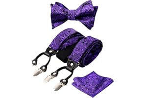 Alizeal Mens Self-Tied Adjustable Floral Paisley Bow Tie, Pocket Square and Elastic Y Shape 6 Clips Braces Set