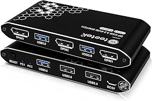 Steetek KVM Switch DisplayPort USB3.0, 4K60Hz, DP1.2, Displayport Switch, DP KVM 2 PC 1 Monitor Switch, Interruttore a bottone, con cavo USB 3.0 e cavo DP
