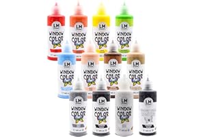 LM-KREATIV LM Window Color Set (12 x 80 ml Enjoy Bunte Tierwelt inkl. Konturfarbe) - Abziehbare Fenstermalfarbe/Stickerfarbe auf Wasserbasis für glatte Oberflächen wie Glas, Spiegel und Fliesen