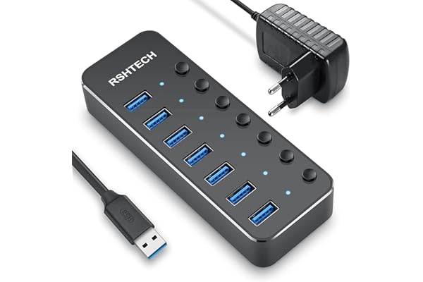 Hub USB Alimenté, RSHTECH Aluminium USB Hub 3.0 à 7 Ports Multiprise USB 3.0 avec 5V/2A Alimentation Externe Multi Port Hub, 5 Gbit/s, Commutateurs Individuels et Indicateur LED-Noir(RSH-518)