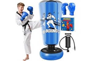 FOHIL Saco de Boxeo de Pie, 168 cm Saco Boxeo Niños, Inflable Bolsa De Boxe con Guantes y Bomba para Practicar MMA Karate Taekwondo Punching Ball para 5-18 Niños Adolescentes
