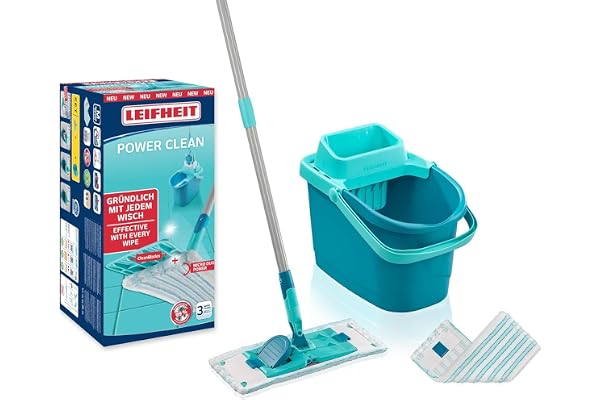 Leifheit Set PowerClean M, Balai serpillère et Seau essoreur ménageant Le Dos, kit avec 2 Housses serpillière Micro Duo pour Un Nettoyage en Profondeur, mécanisme d'essorage Facile, Click-System