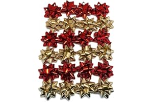 GMM 24 Coccarde da Regalo grandi, colore rosso, oro metallico per regali di Natale, Fiocchetti per Pacchetti Regalo Autoadesivi, Stelle Decorative per Natale e Compleanni. Diametro 6,5cm Adesivo 2 CM
