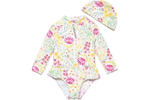 BONVERANO Traje de baño de una Pieza para niña, Mangas largas, protección UV 50+ con Gorra