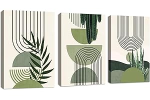 FAJERMINART 3 Pcs Quadri Moderni Verde Salvia Boho Stampa su Tela Con Cornice Quadro Astratto Estetica Verde Pianta pittura su tela poster da parete Decorazione Murale Soggiorno Camera da letto 50x70cmx3
