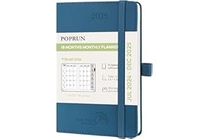 POPRUN Agenda 2025 Mensile Tascabile 16 x 10,5 cm, Planner Scuola 18 Mesi da Lug.24 a Dic.25, Portapenne Autoadesivo, Copertina Morbida in Pelle Vegana, Carta Spessa da 100 GSM, Blu Notte