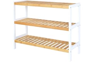 ‎DIBEA dibea Schuhregal mit 3 Ablagefächern Schuhschrank Bambusregal Standregal Küchenregal Wohnzimmerregal 70x26x55 cm, naturfarben/weiß