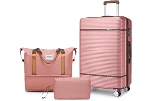 Larvender Luggage Sets 3 Piece with Duffel Bag, 20inch Hardside Carry on Suitcase sets with 360° Spinner Double Wheels for Men Women, Rosa
