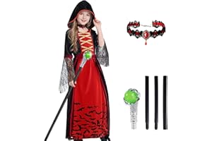 SUPERUM Royal Vampir Kostüm Mädchen Set - Mysteriös Vampire Kleid mit Kapuze & Vampirin Queen Gehstock & Kristallkette,Halloween Kostüm Vampire Gotisch Viktorianische Dracula Costume Dress Fasching Party