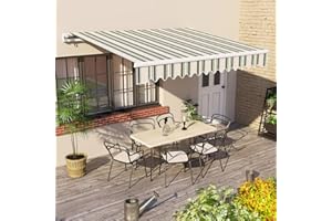 Green Bay Multi-Stripe DIY Manual Patio Awning, Retractable Gazebo Outdoor Canopy, Garden Sun Shade - 4m x 3m