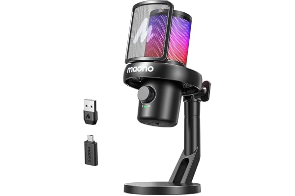 MAONO Micro Gaming sans Fil pour PC, Microphone USB avec Changeur de Voix IA, Suppression du Bruit, EQ Personnalisé, éclairage RVB Réglable pour Jeux, Podcasts, Streaming, DM40 Noir
