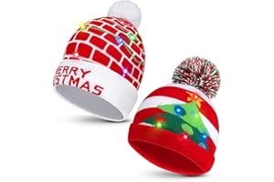 Sunwuun 2Pcs Christmas Led Light Up Hats, Santa Hat Xmas Beanie Knitted Hats with 6 Colorful Led Novelty for Children and Adult