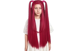 VGbeaty Filles Longue Perruque Rose Droite Avec 2 Queues de Poney Rôle de Dessin Animé Bangs Drôles Perruque Résistant à la Chaleur Fibre SynthéTique Douce Durable Halloween Costume Fancy Party