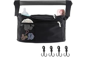 UXRADG Buggy Organiser, Pram Bag Universal Stroller Organizer, Multifunctional Stroller Bag with 4 Hooks, 2 Cup Holders, Adjustable Shoulder Strap, Phone Pocket Fits for Almost All Stroller