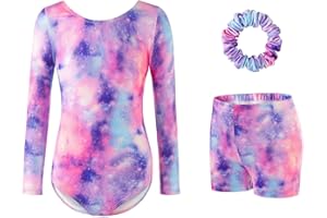 GYMGOING Gymnastics Leotards for Girls - Sparkling Gradient Design, Girls' Three-Piece Sleeve Gymnastics Leotard Set with Shorts for Ballet & Dance