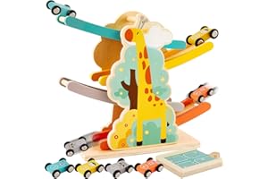 HERSITY Wooden Car Jump Ramp Race Track Toy Toddlers, Click Clack Race Track Zig Zag Cars Slide Garage Toys Montessori Educational Gifts for 3+ Year Old Baby Boys Girls