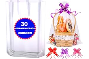 MAARA Clear Cellophane Bags Large Pack Of 30, Clear Gift Bags (35x50CM/14"X20") With 30 Pull Bows, Large Cellophane Basket Hamper Wrap Bags For Packaging, Clear Plastic Party Gift Bags