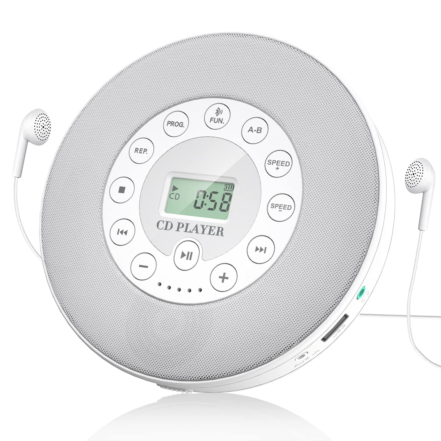 Rechargeable Portable Bluetooth CD Player, Lukasa Compact Music CD Disc Player for Home/Car/Travel, Home Audio Boombox with Stereo Speaker & LCD Display, Support CD USB AUX Input, 2000mAh(White)